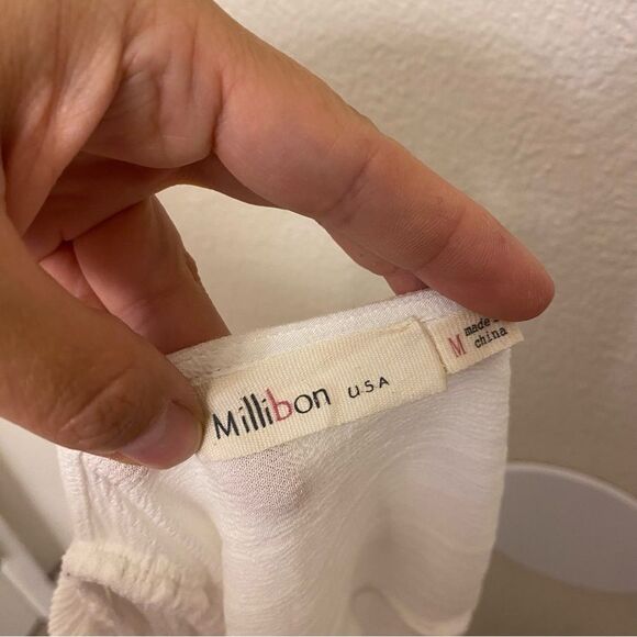 Millibon White Sleeveless plunging V Neck Sundress rayon beachy full skirt M - Picture 8 of 10